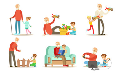 Grandpa spending time with grandchild set, grandfathers playing, walking, reading books and having fun with their grandchildren vector Illustrations on a white background