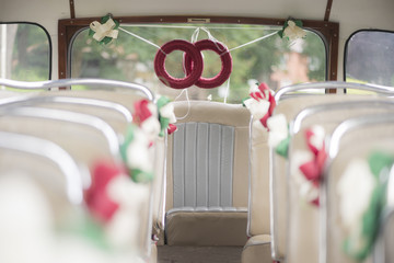 decorated oldtimer bus at wedding