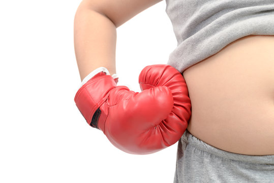 Obese Fat Boy Wearing Red Boxing Gloves Isolated