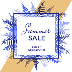 Vector frame with fern frond background and Summer Sale 50 percent off special offer text.