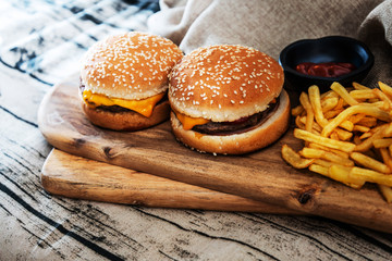 Cheese burger - American cheese burger with Golden French fries