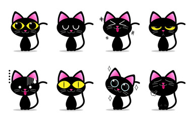 Cute black cat characters with different emotions, vector illustration 