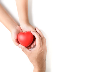 Father give red heart to his daughter isolated