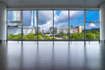 interior of office building with city skyline