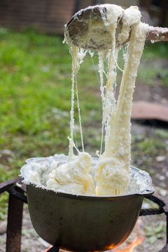 Elarji - from Samegrelo region, made from coarse cornmeal, cornflour and Suluguni cheese. Gomi cooked with cheese. Georgian traditional food - elardji. 