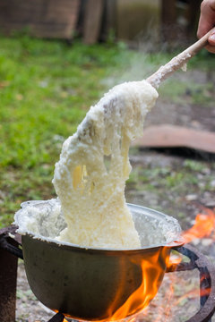 Elarji - from Samegrelo region, made from coarse cornmeal, cornflour and Suluguni cheese. Gomi cooked with cheese. Georgian traditional food - elardji. 