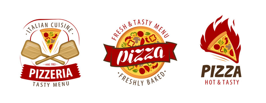 Pizza logo or label. Pizzeria, food concept. Vector illustration