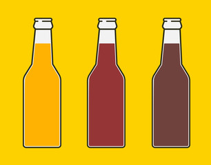 Bottles of beer. Three versions light beer, dark beer and amber beer. Isolated vector illustration.