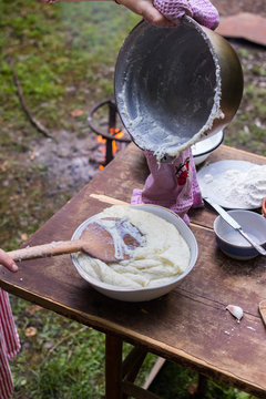 Elarji - from Samegrelo region, made from coarse cornmeal, cornflour and Suluguni cheese. Gomi cooked with cheese. Georgian traditional food - elardji. 