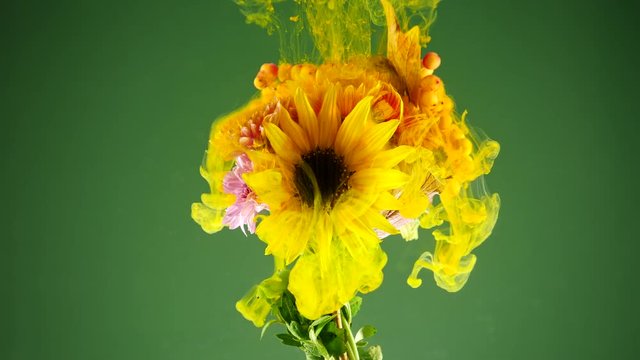Colorful drops of paint falling on a beautiful bouquet.