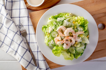 Shrimp Salad on White Wood Table