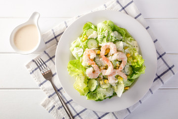 Shrimp Salad on White Wood Table