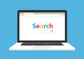 Laptop with browser and search bar. Flat style - stock vector.