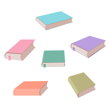 Set of lying multicolored books isolated on white background.