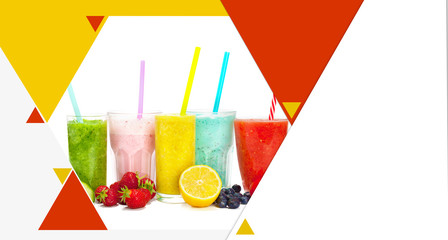 Collage of glass jars with fresh delicious smoothie and straw