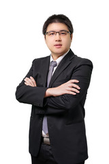 Obraz na płótnie Canvas Isolated young asian business man in formal suit with necktie on white background