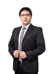 Isolated young asian business man in formal suit with necktie on white background