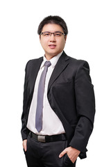 Isolated young asian business man in formal suit with necktie on white background