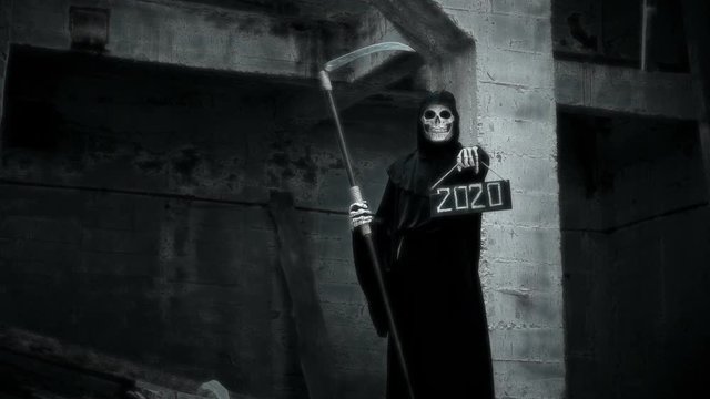 death with a scythe raises a sign with the inscription 2020