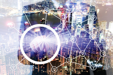 Double exposure of businessman points on screen, wireless connecting concept, 4.0 blockchain
