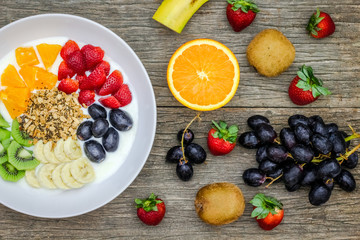 Plate of natural white yogurt with muesli, orange, banana, kiwi, strawberries and grapes fruits on wooden background. Yogurt and fruits as an ingredients around the plate. Top view. Healthy concept.