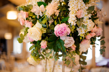 Wedding decor bouquet of pink peonies and roses