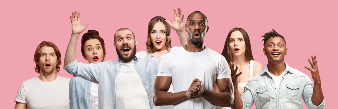 The collage of faces of surprised people on pink backgrounds. Human emotions, facial expression concept. collage of men and woman