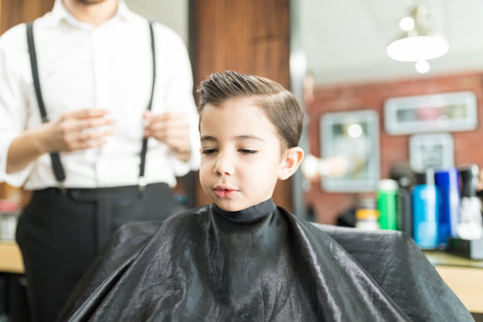 Cute Boy After Haircut In Barber Shop