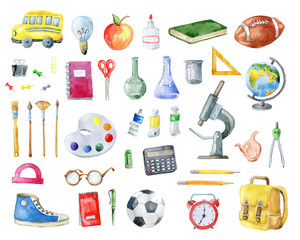 Set of school items on white background.
