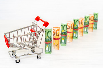 Shopping cart and Euro banknote rolls