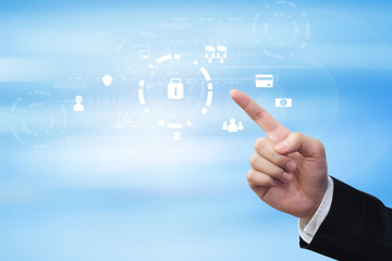 close  up business man hand pointing on cyber security interface technology 