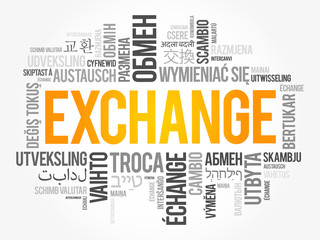 Exchange word cloud in different languages, business concept background