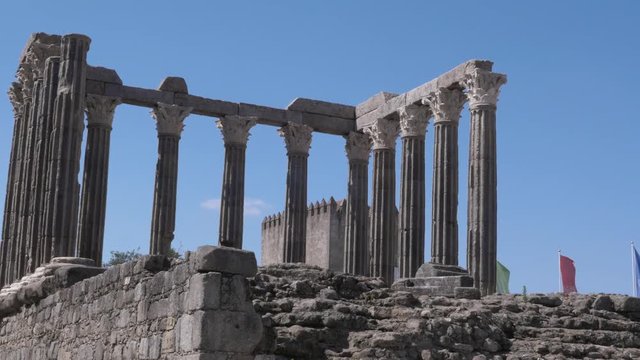 Roman Temple Ancient Ruins In Portugal. The Roman Temple is part of the historical city of Evora, included in the classification by UNESCO as a World Heritage Site