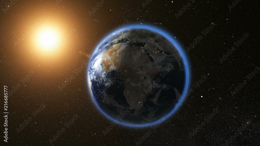 Wall mural space view on planet earth and sun star rotating on its axis in black universe. seamless loop with d