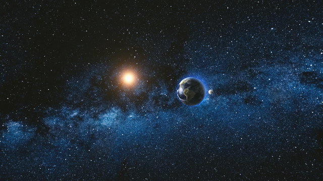 Sunrise view from space on Planet Earth and Moon rotating in space. Blue sky Milky Way with thousand stars in the background. Astronomy and science concept. Elements of image furnished by NASA