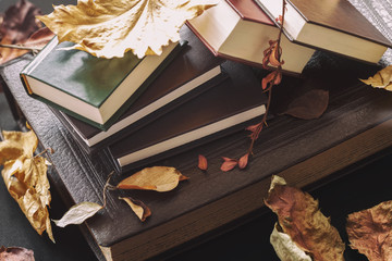 Pile of books frame, sunny fall day, autumn background, colorful leaves, romantic mood. Concept of...