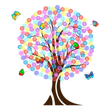 Bright children's tree of flowers and butterflies on a white background