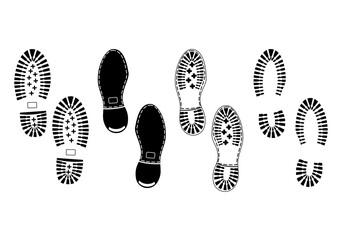 Footprints. Black silhouettes of soles of male shoes on a white background.Flat vector.