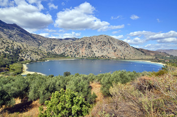 The beautiful Lake Kournas in  Crete island, Greece. The largest freshwater lake in Crete.