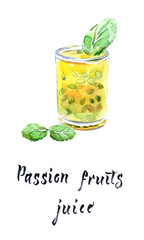Passion fruit juice in glass with mint leaves