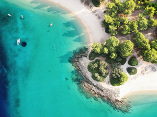 Luftaufnahme von hellem türkisfarbenem Wasser und Strand mit Pinienwald.