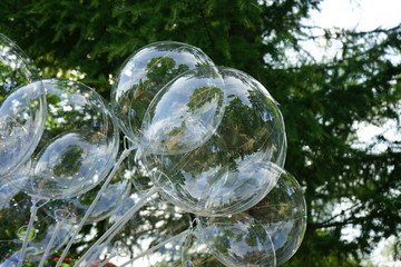 The balls are white transparent on a background of green spruce.