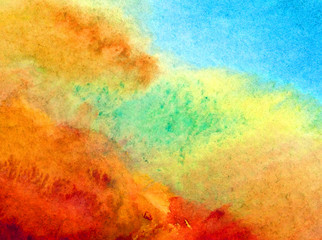 Watercolor abstract bright colorful textural background handmade . Painting of sky and clouds during sunset  . Modern seascape . Shine