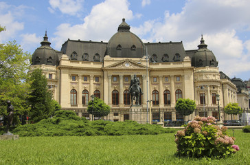 The Central University Library  with statue of Carol I, first king of Romania. Bucharest, Romania.