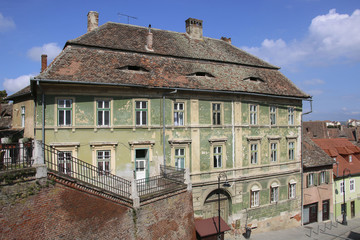 Historical old buildings in the medieval city Sibiu- Hermannstadt, Romania.