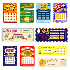 Lottery ticket vector lucky bingo card win chance lotto game jackpot set illustration lottery gaming tickets isolated on white background