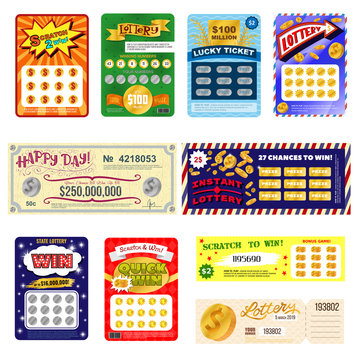 Lottery ticket vector lucky bingo card win chance lotto game jackpot set illustration lottery gaming tickets isolated on white background