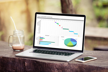 Laptop with excel project dashboard concept on screen in the park / garden with phone and chocolate / coffee drink