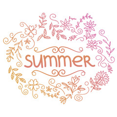 Summer postcard. Doodle summer card with floral elements, flowers, sun, curly lines. Vector illustration.