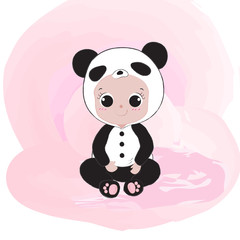 Cute baby in fancy panda costume with pink pastel background. Character design. Cartoon vector illustration.
